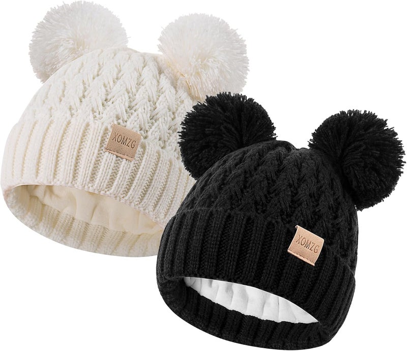 TYOMZG Toddler Winter Beanie Hat, Infant Winter Warm Knit Fleece Lined Cap for Girls Boys with Pom Pom for 0-36 Months 2 Packs - Image 1